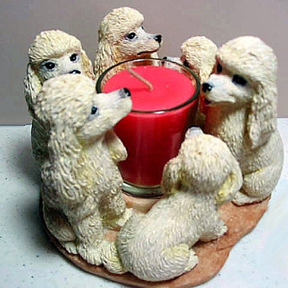 NEW White Poodle Circle True Friends Candle Holder Handpainted Ceramic NIB - Picture 1 of 4